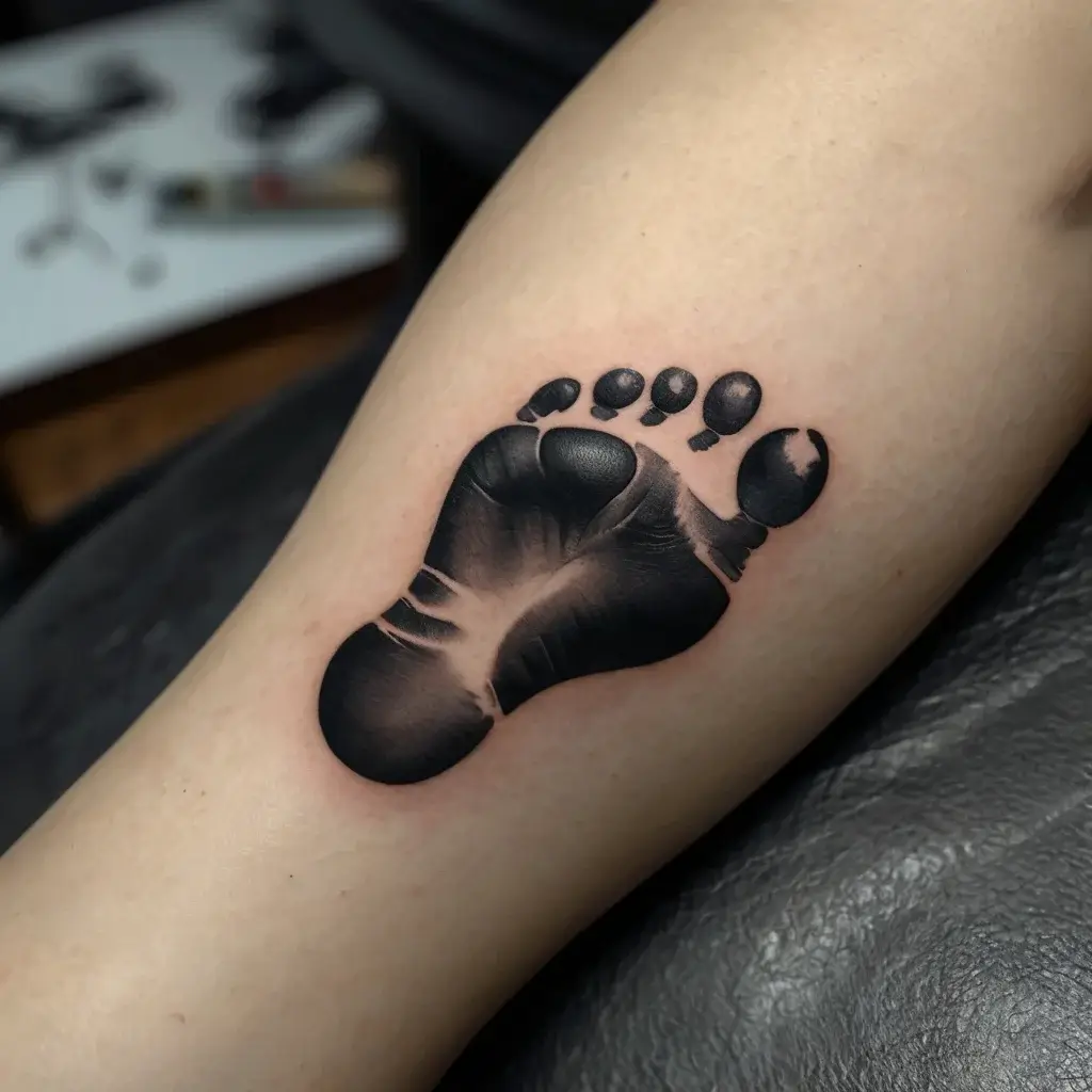 Black ink tattoo of a baby footprint on the forearm, showcasing intricate shading for a realistic 3D effect.