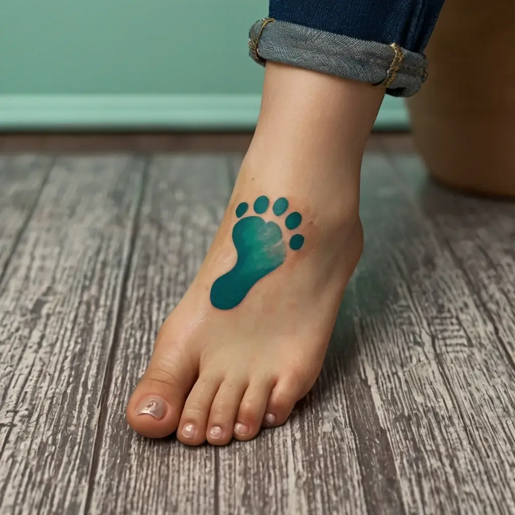 Tattoo of a teal baby footprint on the foot, symbolizing innocence and new beginnings, with a gradient effect.