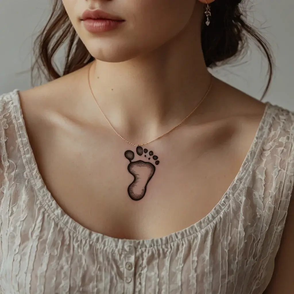 Tattoo of a shaded footprint design, symbolizing a journey or new beginnings, placed delicately on the upper chest.