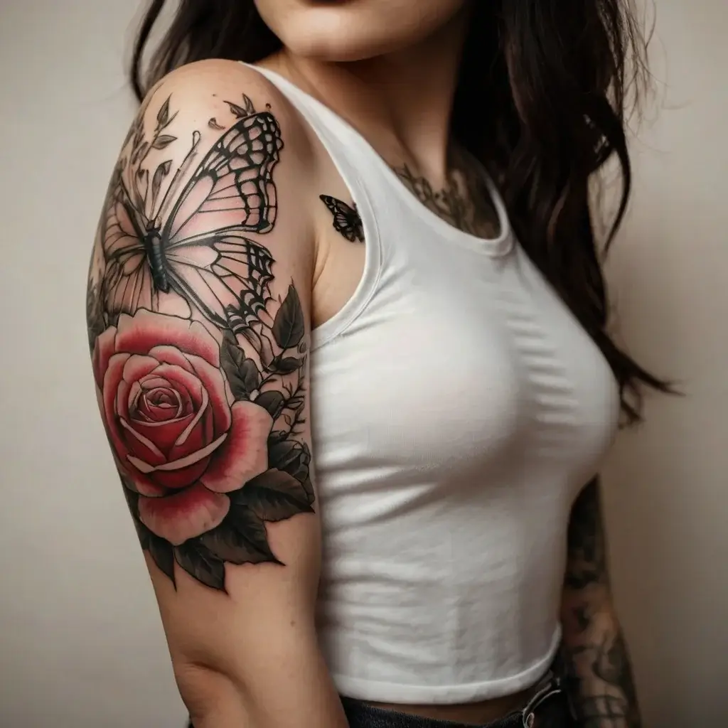 Colorful tattoo featuring a detailed butterfly perched on a vibrant red rose with green leaves on the upper arm.