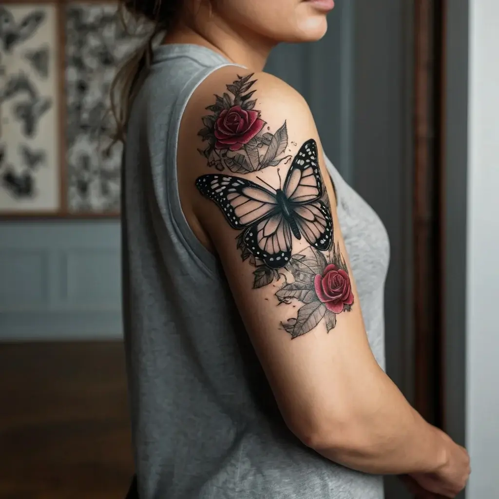 Tattoo of a detailed black butterfly with vibrant red roses, surrounded by subtle shading on the upper arm.