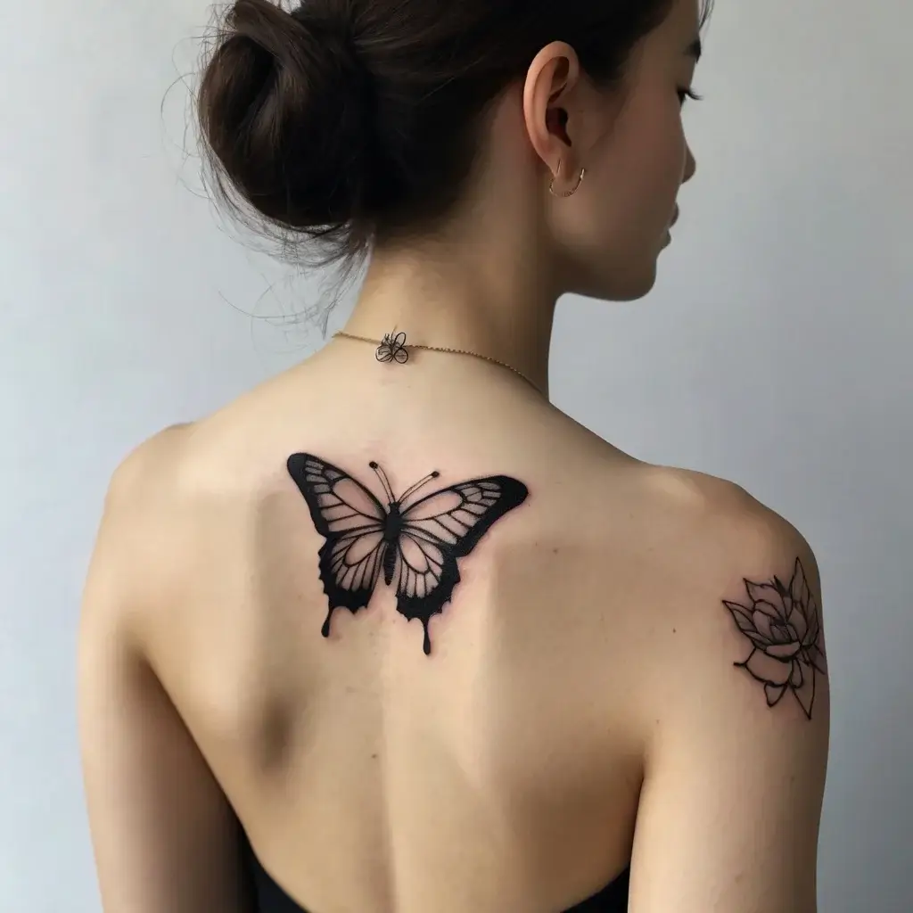 Tattoo of a detailed butterfly in black ink on the upper back, paired with a lotus flower on the left shoulder.