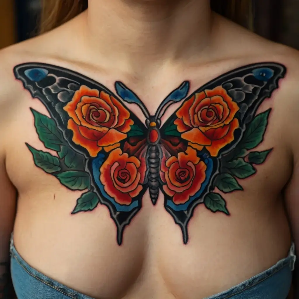 Vivid butterfly chest tattoo with orange roses as wings and leafy accents, creating a striking, symmetrical design.