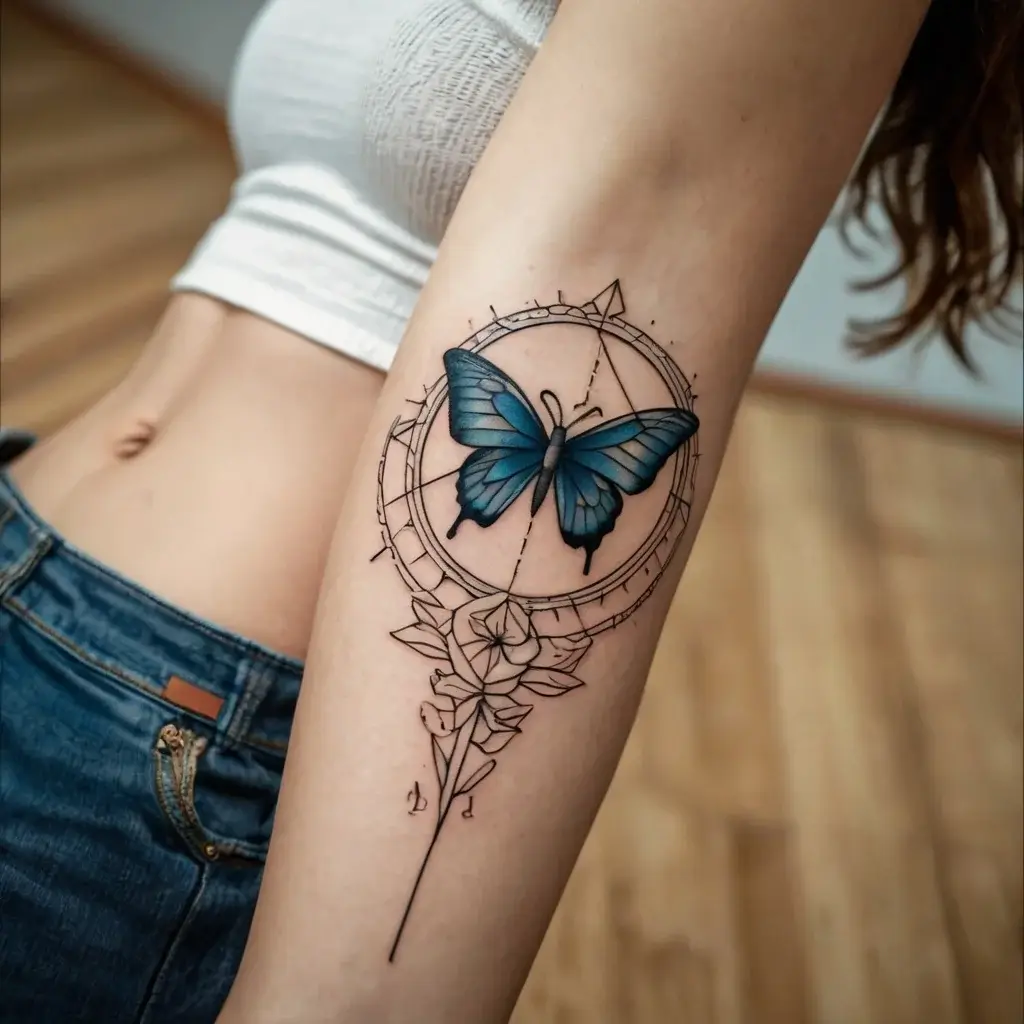 Blue butterfly tattoo inside a geometric compass circle above a detailed rose, symbolizing direction and transformation.