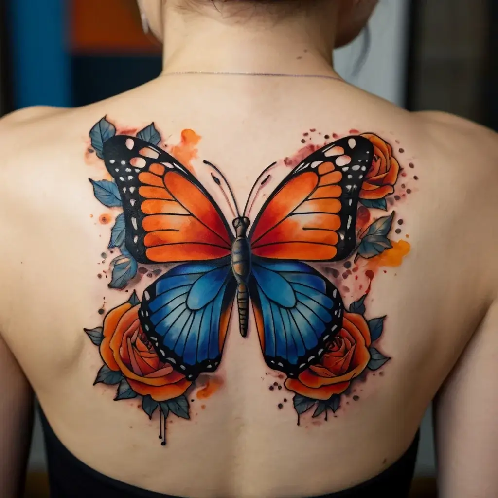 A vivid butterfly tattoo blending orange and blue wings, framed by orange roses with green leaves and subtle ink splashes.