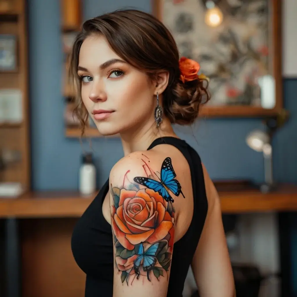 Colorful tattoo of an orange rose and a blue butterfly, symbolizing beauty and transformation on the upper arm.