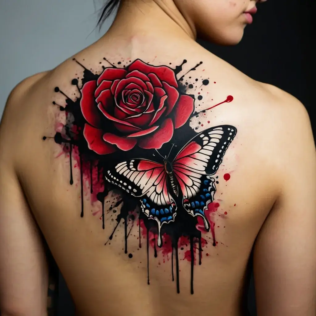 Tattoo of a vibrant red rose paired with a butterfly, detailed with ink splatters for a dynamic, artistic effect.