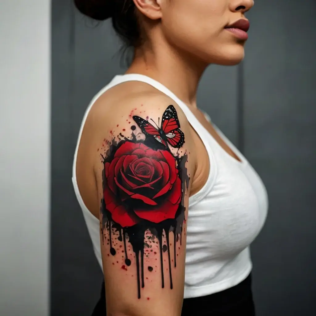 Tattoo of a vibrant red rose with black ink splatter and a detailed butterfly on the shoulder.