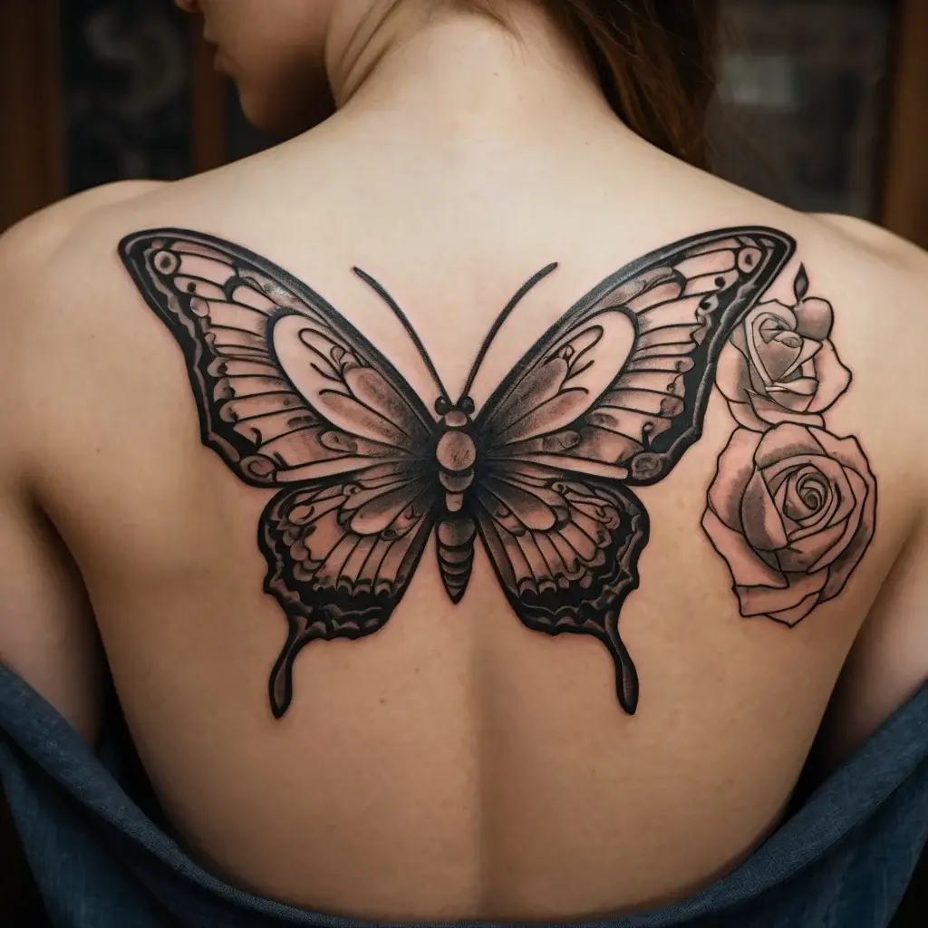 Tattoo of a detailed butterfly with ornate wings and shaded roses alongside it, spanning across the upper back.