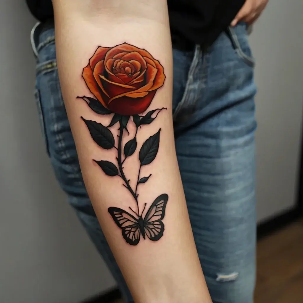 Tattoo of a vibrant red rose with black leaves and a detailed black butterfly on an inner forearm.