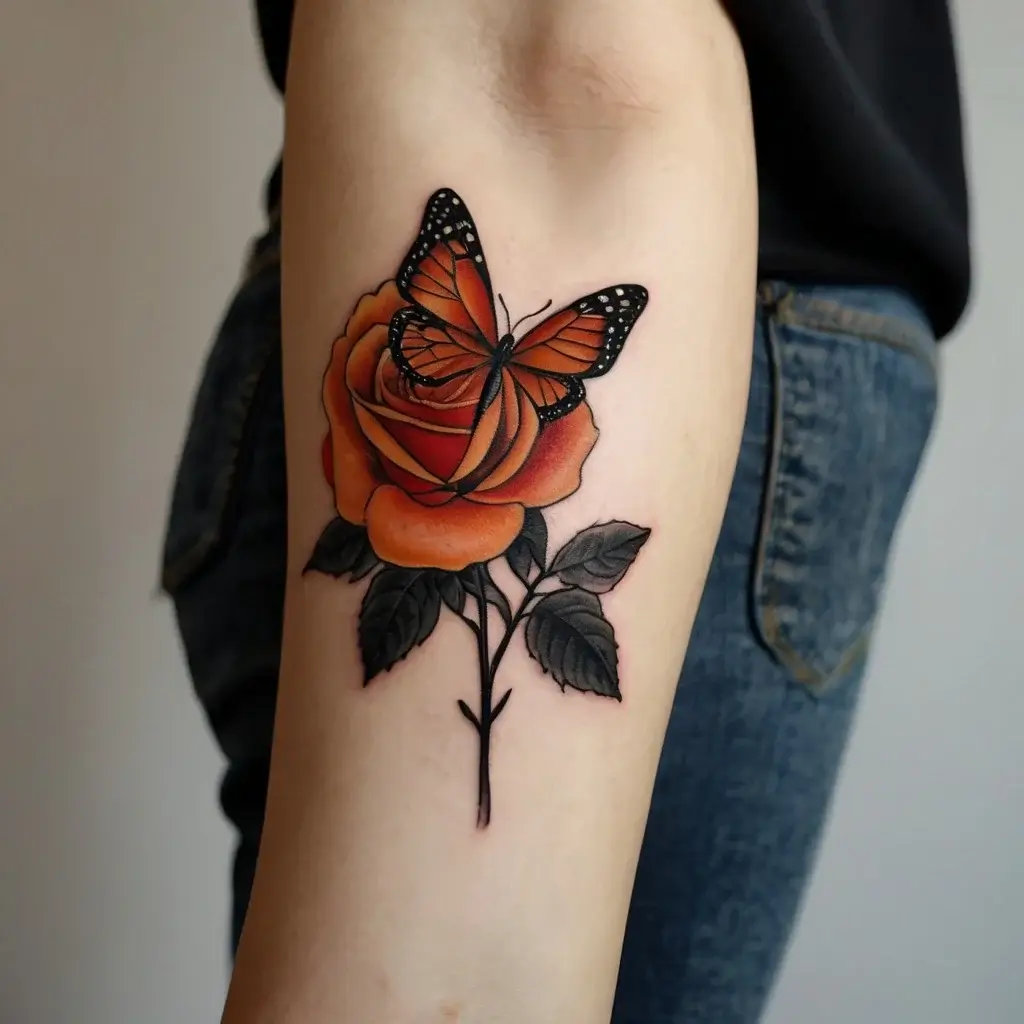 Tattoo of a vibrant orange rose with a detailed monarch butterfly perched on top, set against dark leaves.