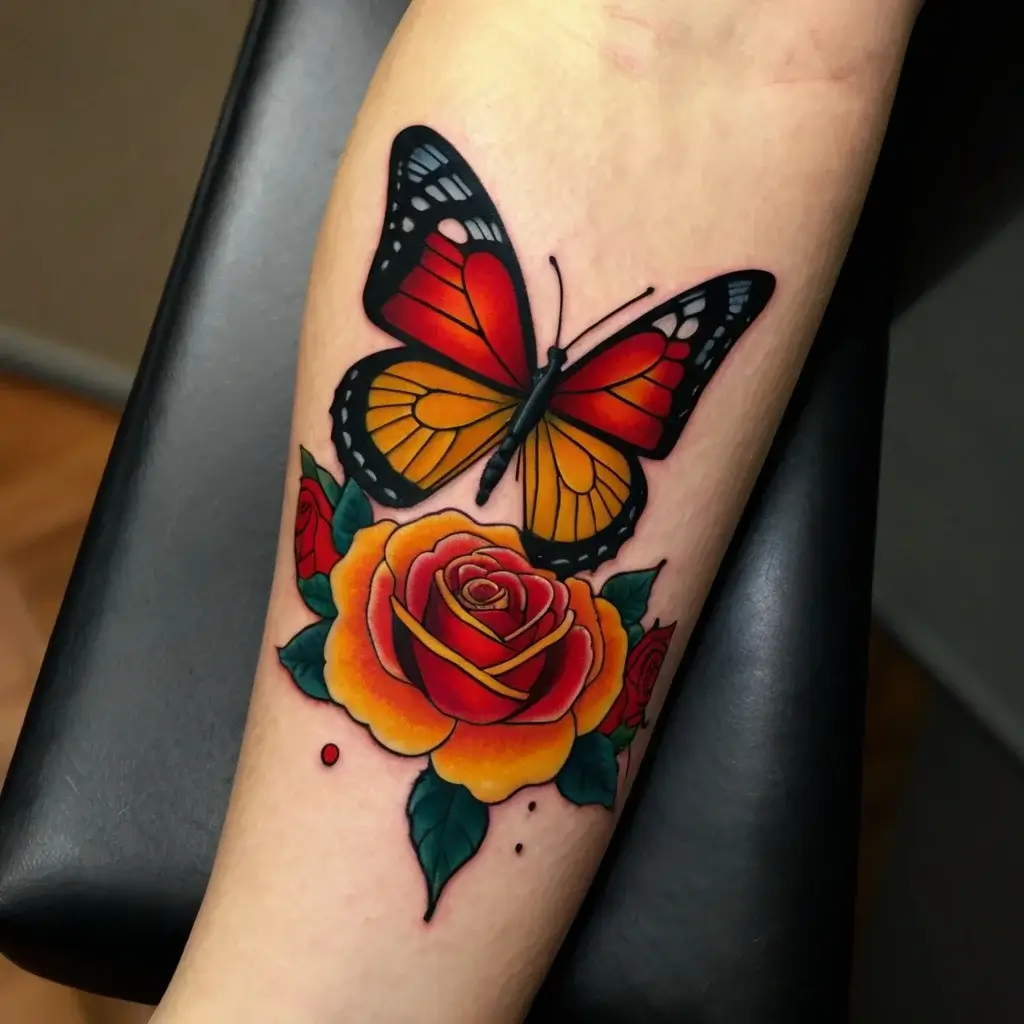 Bright orange and black butterfly atop a vibrant red and yellow rose tattoo, symbolizing transformation and beauty.