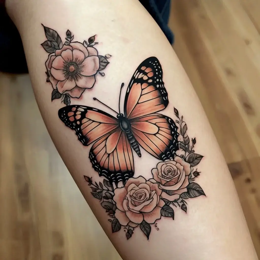 Orange butterfly with black accents, surrounded by detailed roses and leaves in a realistic tattoo style.