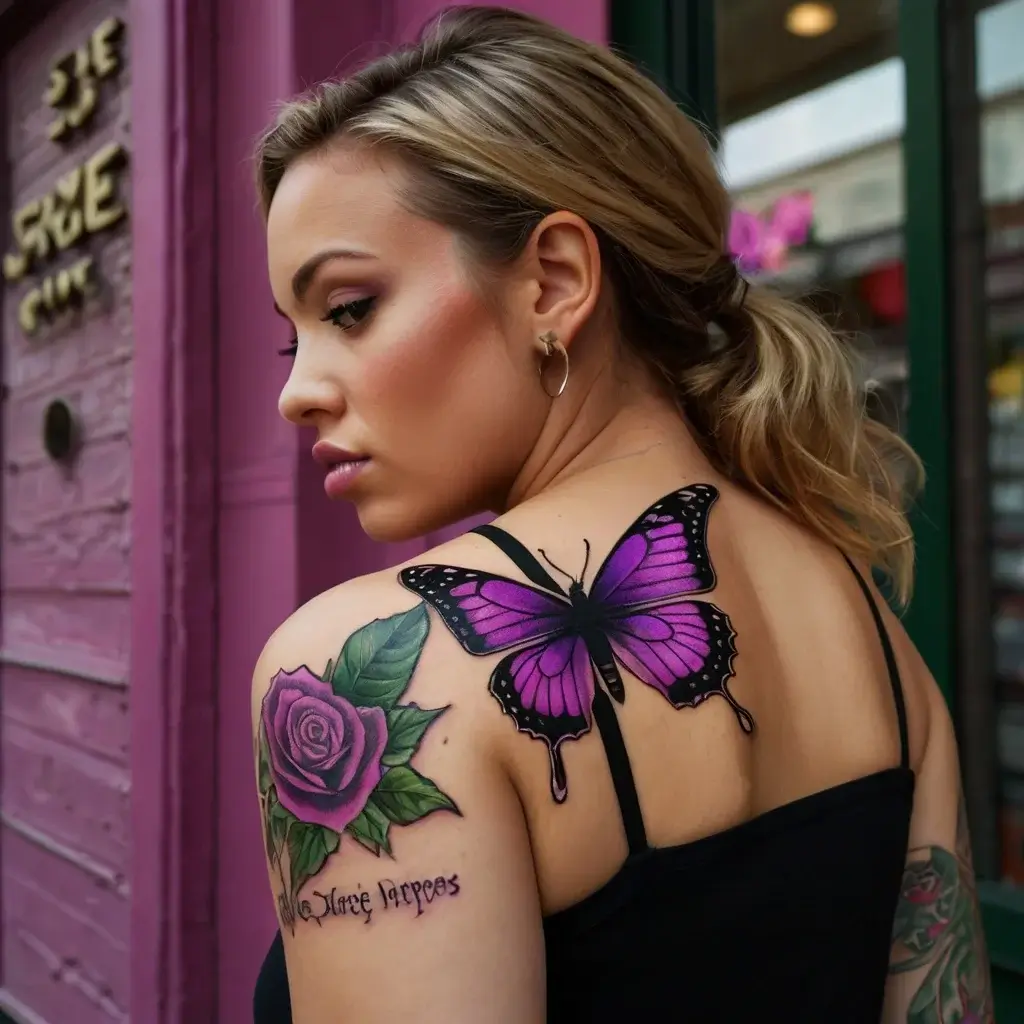 A vibrant purple butterfly tattoo on the shoulder with a matching rose and delicate script on the arm, symbolizing transformation.