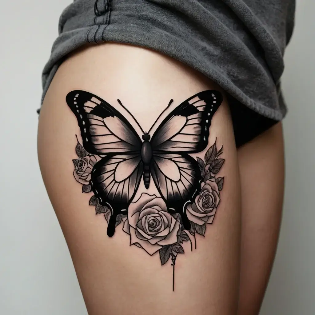 Tattoo of a realistic black and gray butterfly perched on roses, elegantly blending on the upper thigh.