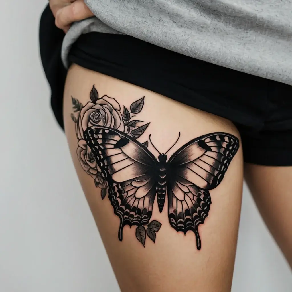 Detailed black and gray butterfly tattoo with intricate wings on thigh, surrounded by blooming roses and leaves.