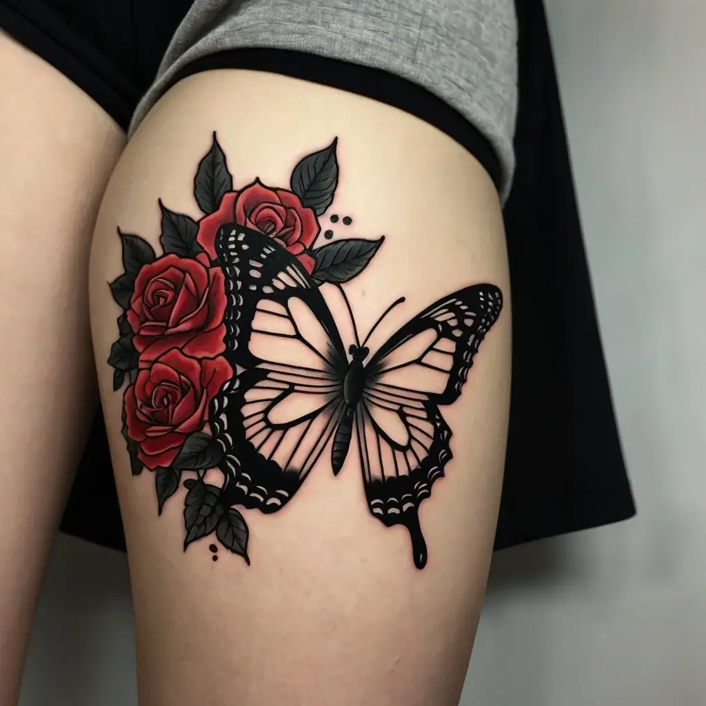 Tattoo of a large black butterfly with open wings, surrounded by vibrant red roses and dark green leaves on the thigh.