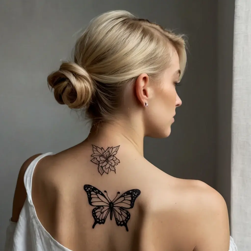 Delicate black line lotus above a butterfly tattoo on the back, symbolizing transformation and purity.