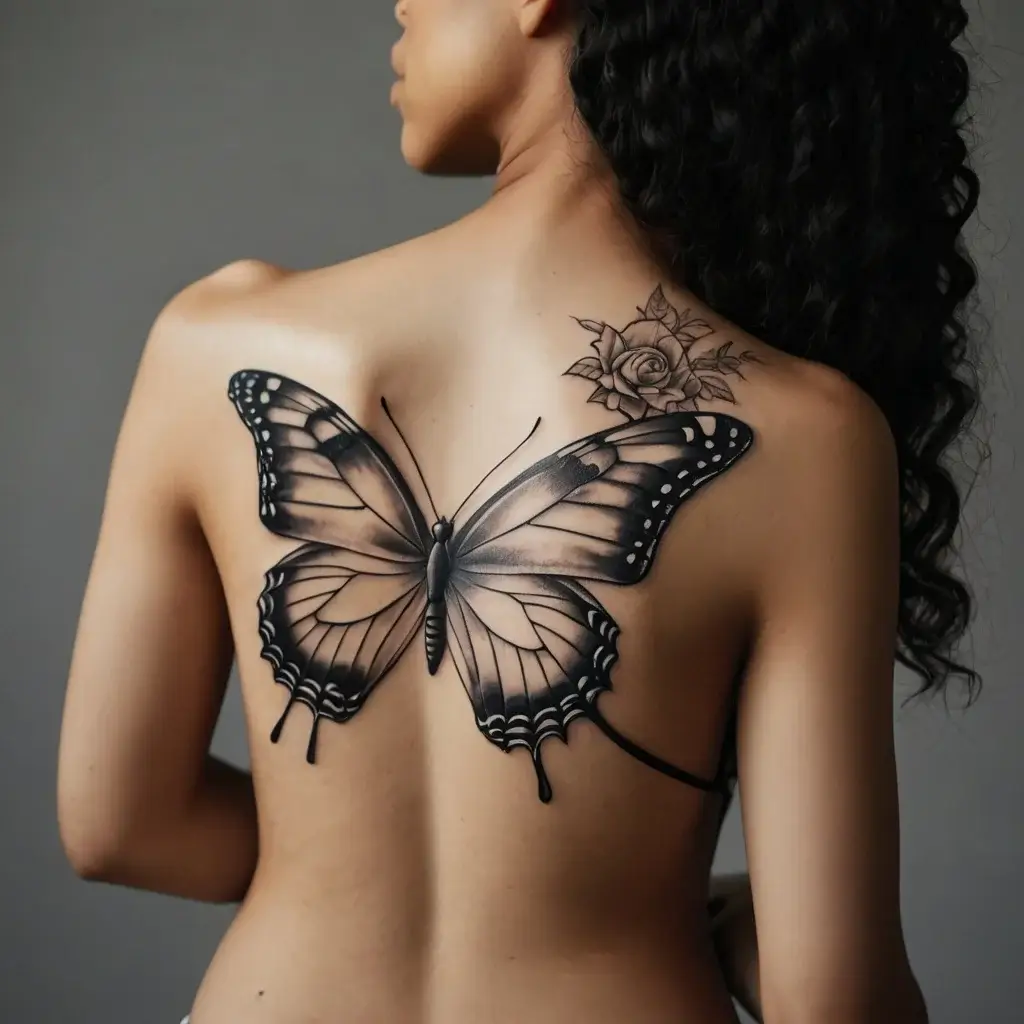 Black and gray butterfly tattoo on back with detailed wings, paired with a floral rose design on shoulder.