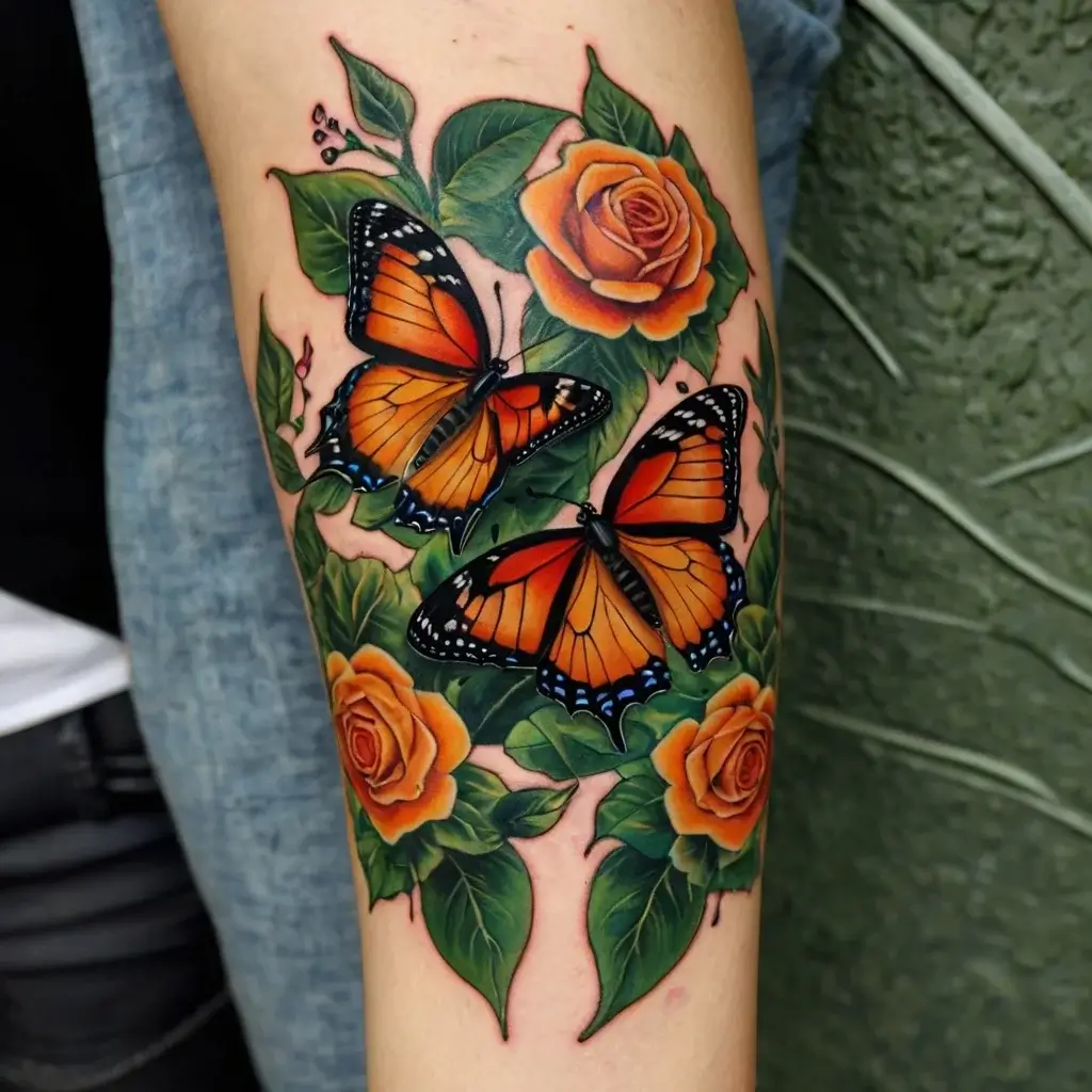 Vibrant tattoo of two orange butterflies amidst lush roses and green leaves, emphasizing beauty and transformation.