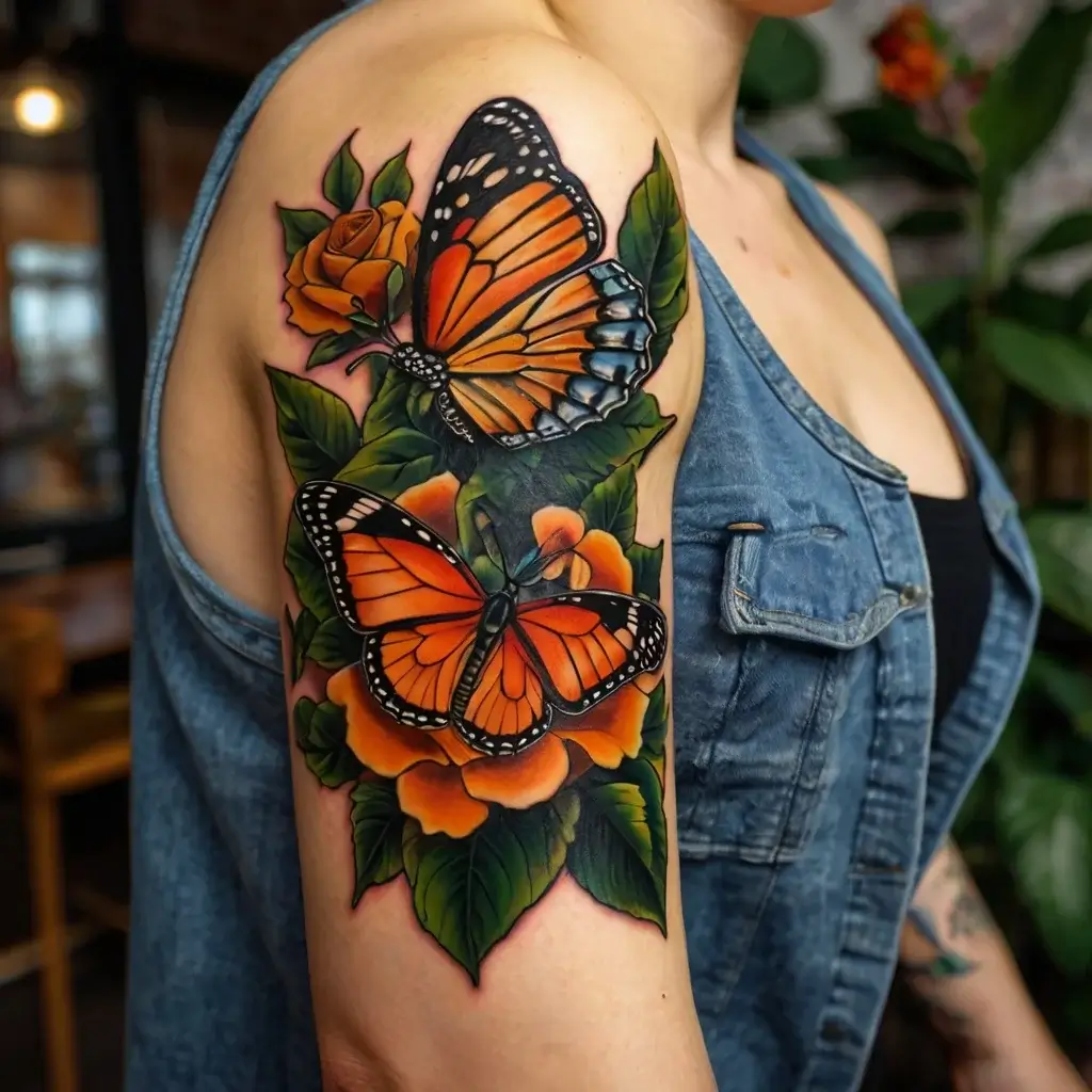 Tattoo of vibrant orange butterflies on a background of lush green leaves and blooming orange roses.