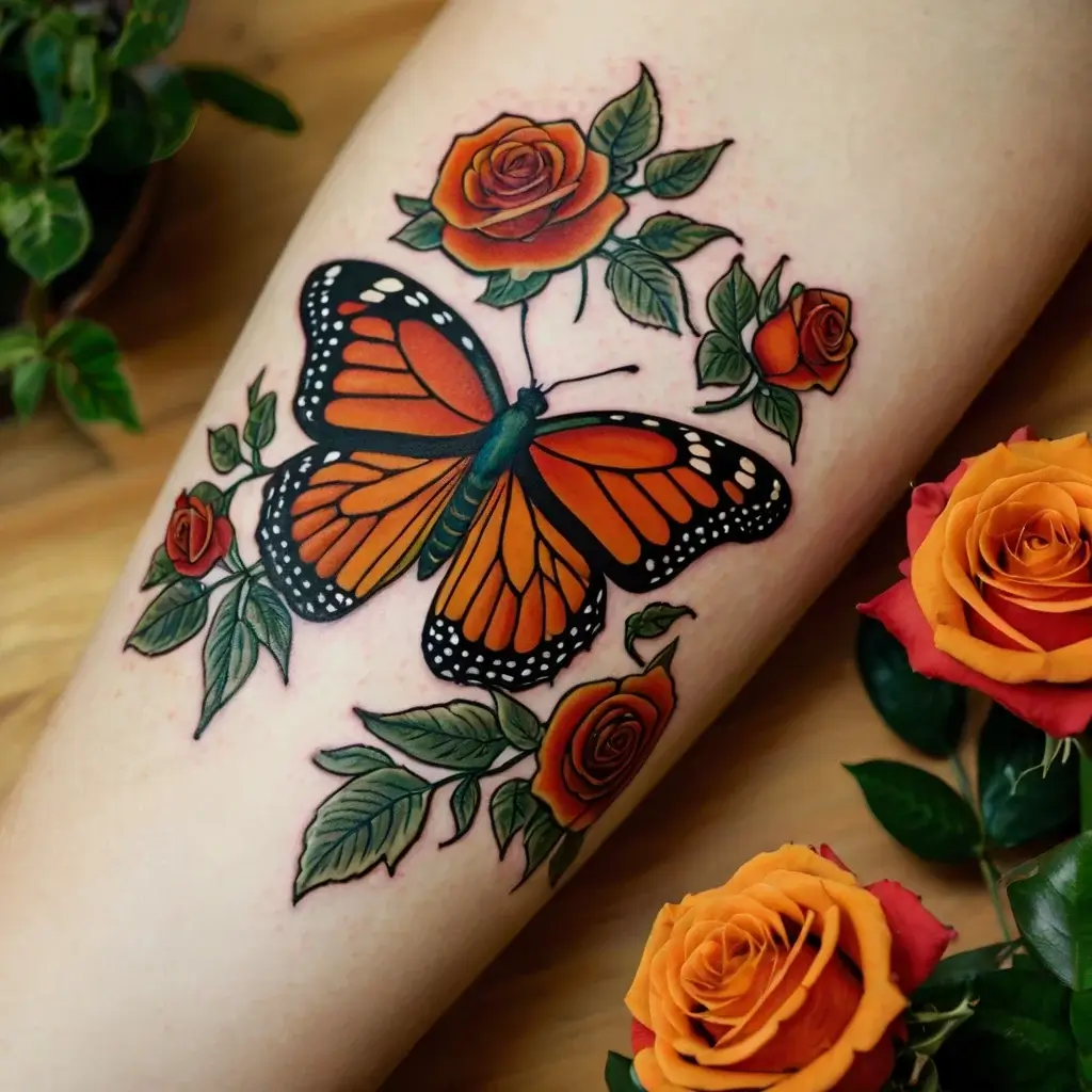 Tattoo of a vibrant orange butterfly with detailed wings, surrounded by lush red roses and green leaves.