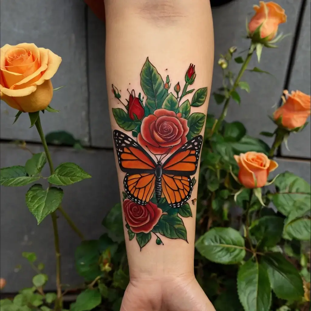 Tattoo of a vibrant orange butterfly with detailed roses and green leaves, symbolizing transformation and beauty.