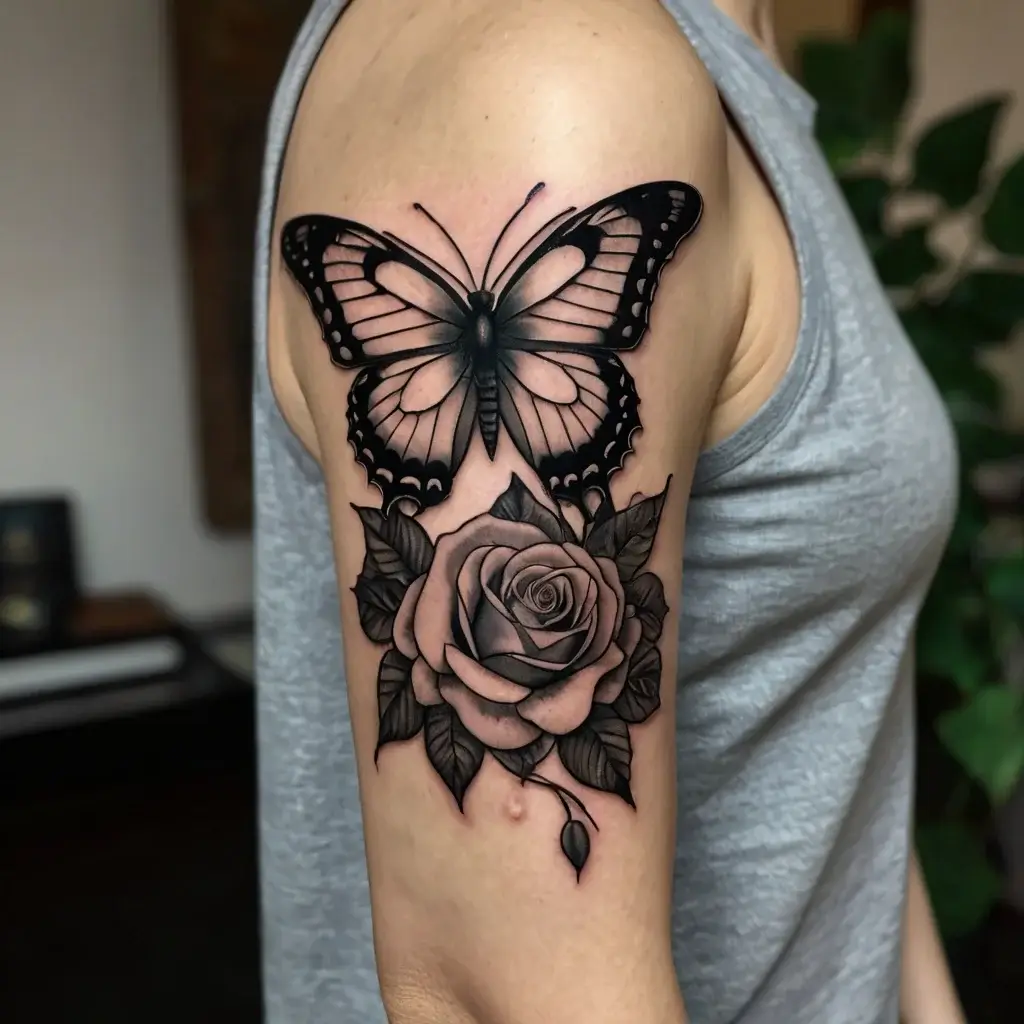 Tattoo of a detailed black and gray butterfly above a blooming rose, symbolizing transformation and beauty.