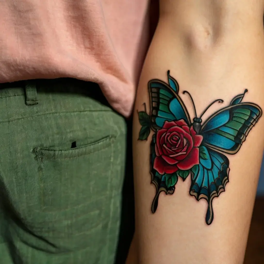 Tattoo of a vibrant blue butterfly with detailed wings and a red rose at its center, symbolizing transformation and love.