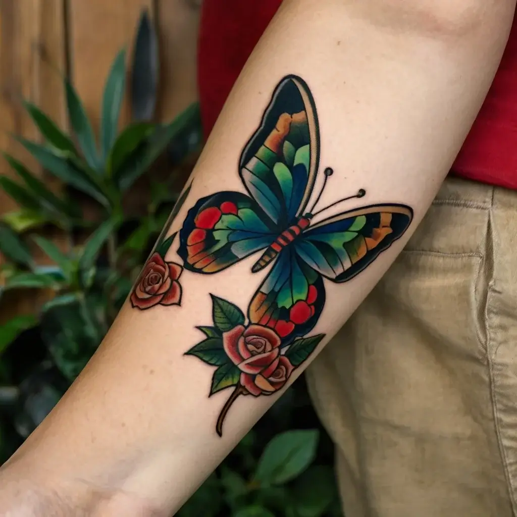 Vibrant butterfly tattoo with colorful wings, perched above two red roses, blending natural beauty and bold color contrasts.