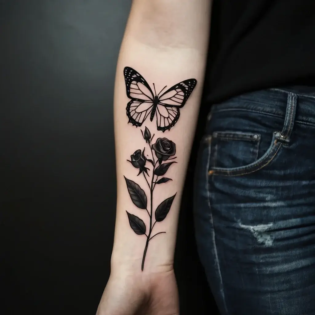 Black ink tattoo of a butterfly above two roses with leaves on the forearm, symbolizing transformation and beauty.