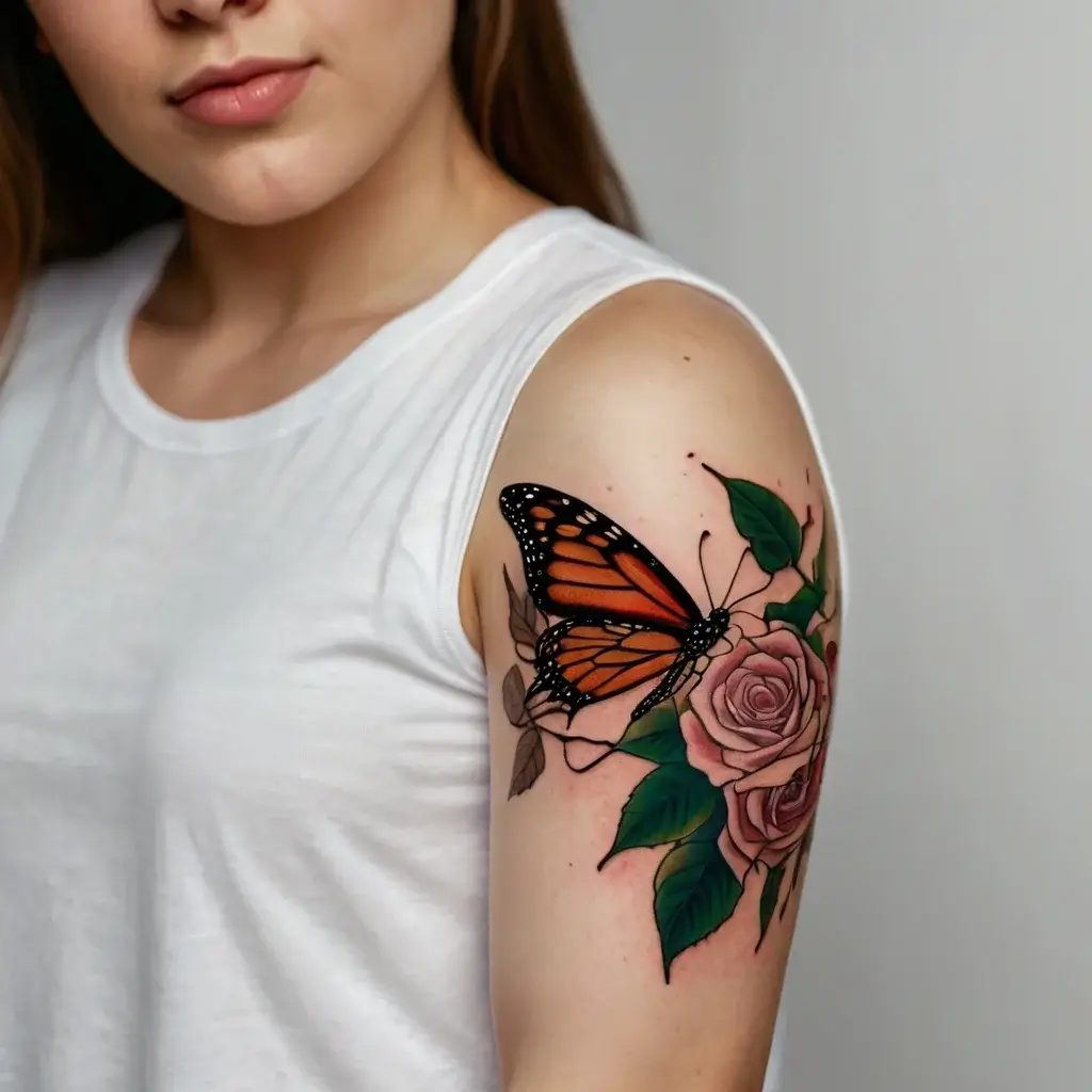 Colorful monarch butterfly atop pink roses, detailed with vibrant green leaves on the upper arm.