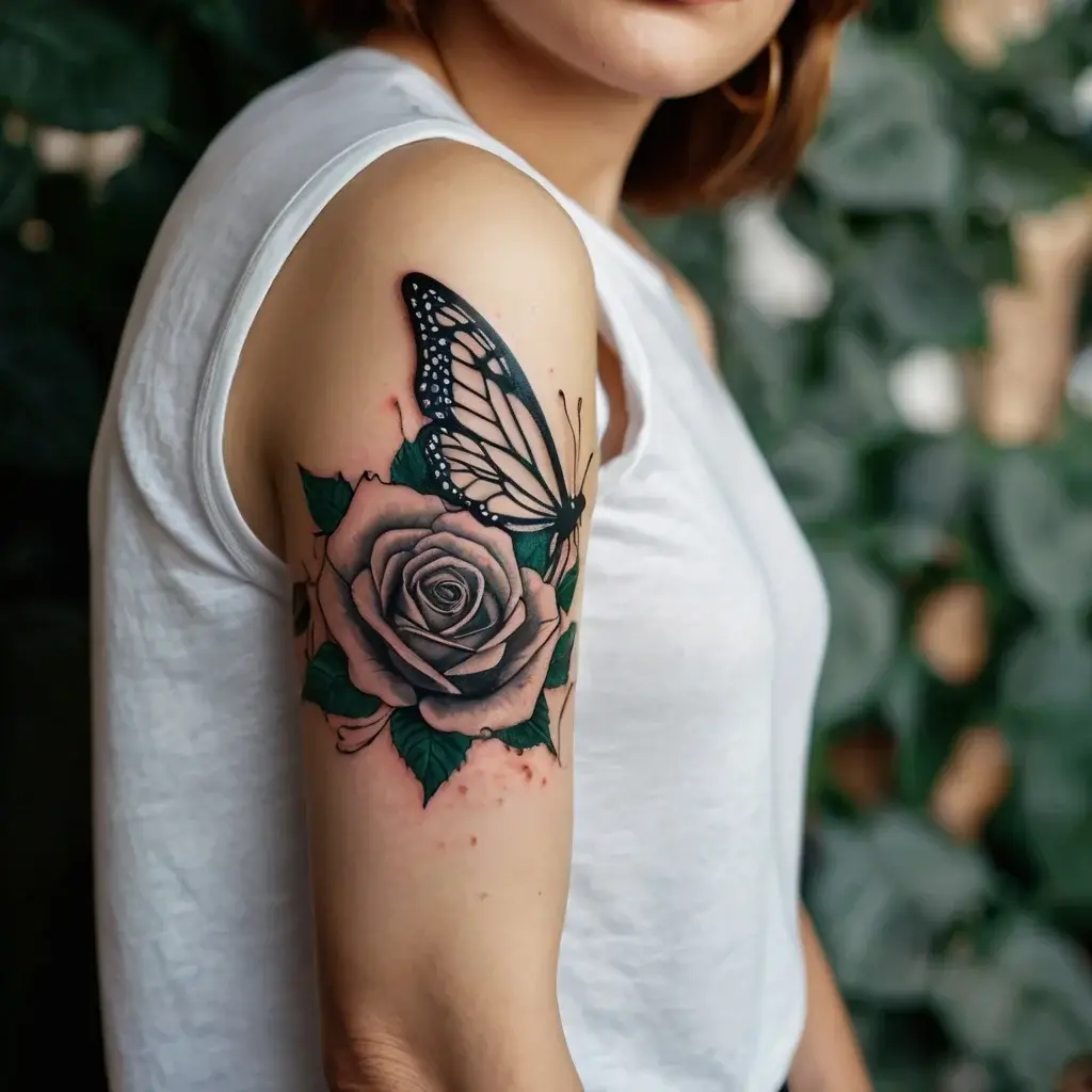 Tattoo of a detailed rose with vibrant green leaves and a black-and-white butterfly on an arm, symbolizing transformation.