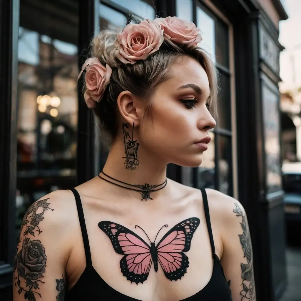 Bold pink butterfly tattoo on chest, framed by floral designs, paired with roses and geometric line art on arms and neck.