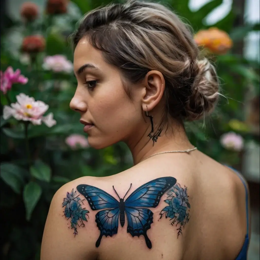 A blue butterfly tattoo centered on the back, flanked by intricate floral designs symbolizing transformation and growth.