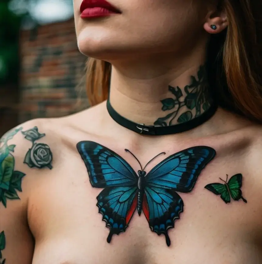 Chest tattoo of a vibrant blue butterfly with red accents and a smaller green butterfly, surrounded by floral designs.