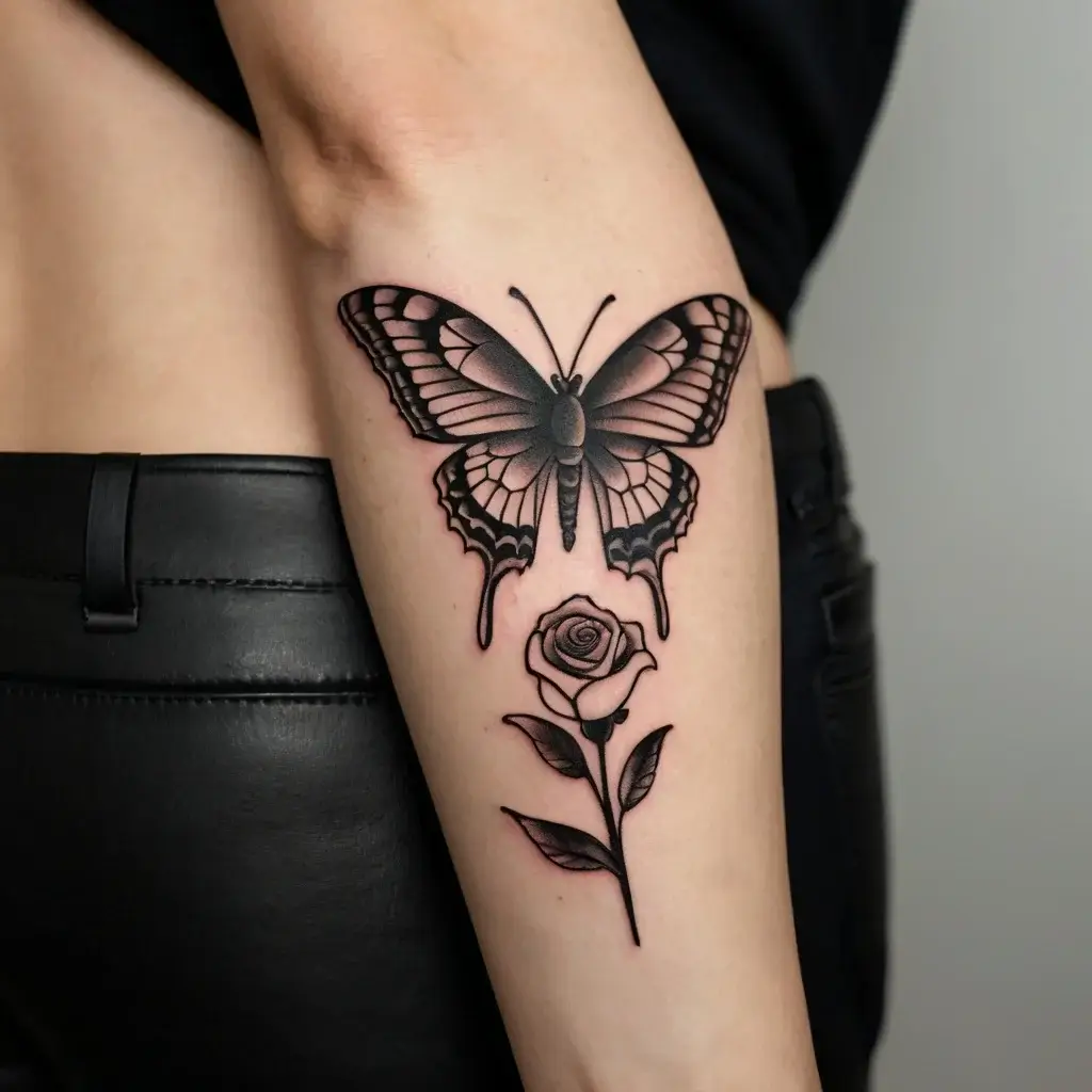 Black and grey tattoo featuring a realistic butterfly above a detailed rose with leaves on the forearm.