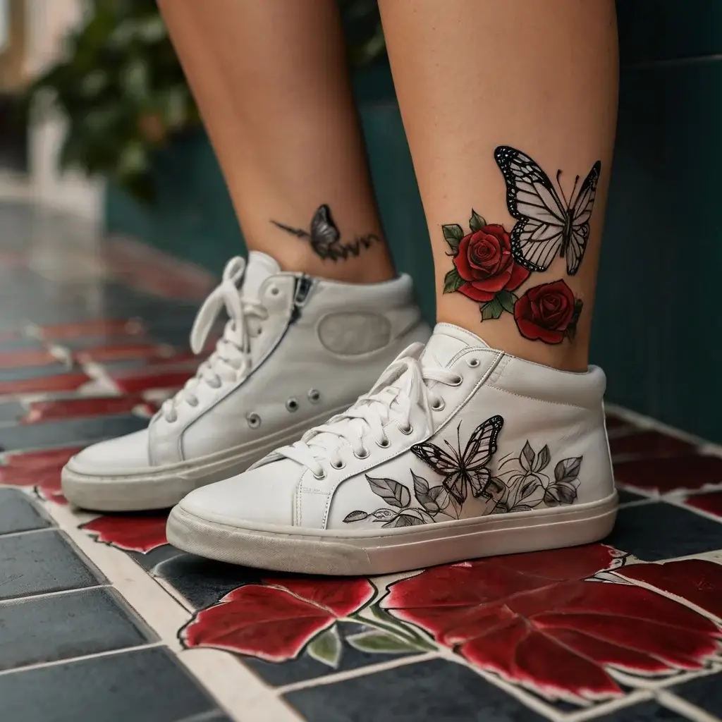 Butterfly tattoo with red roses on ankle, symbolizing transformation and love, paired with butterfly-themed shoes.