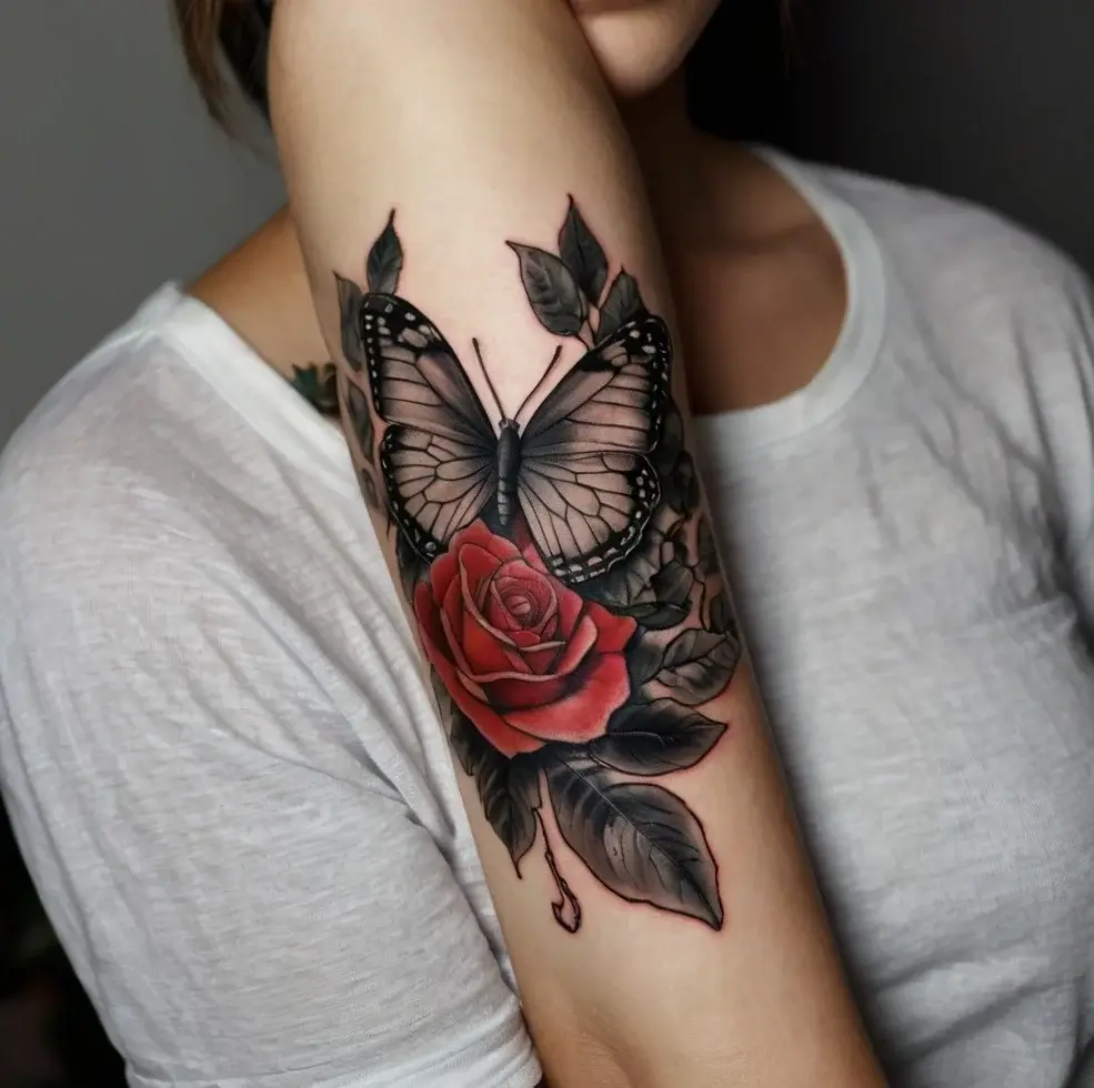 Tattoo of a detailed black butterfly above a vivid red rose, surrounded by dark shaded leaves on the upper arm.