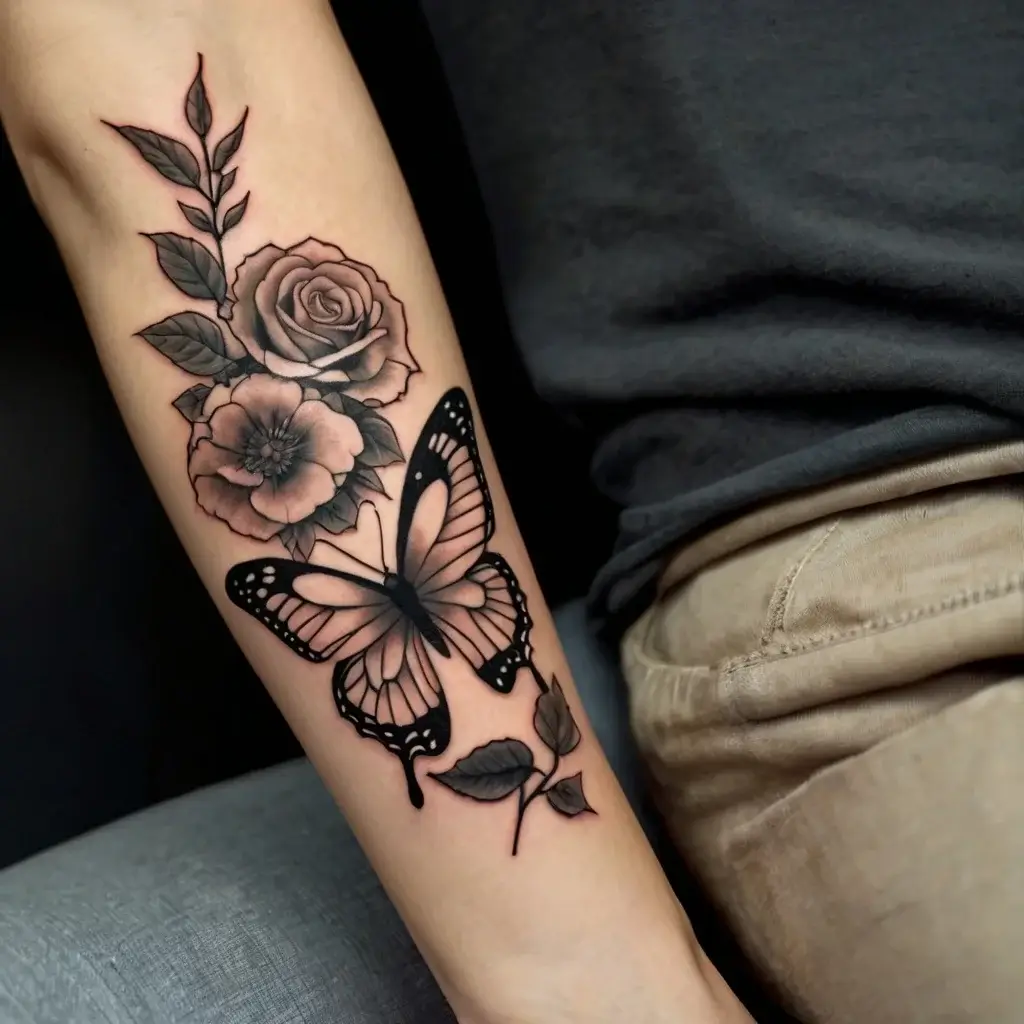 Black and grey tattoo of a butterfly with rose and petunia, detailed shading with delicate leaves on forearm.