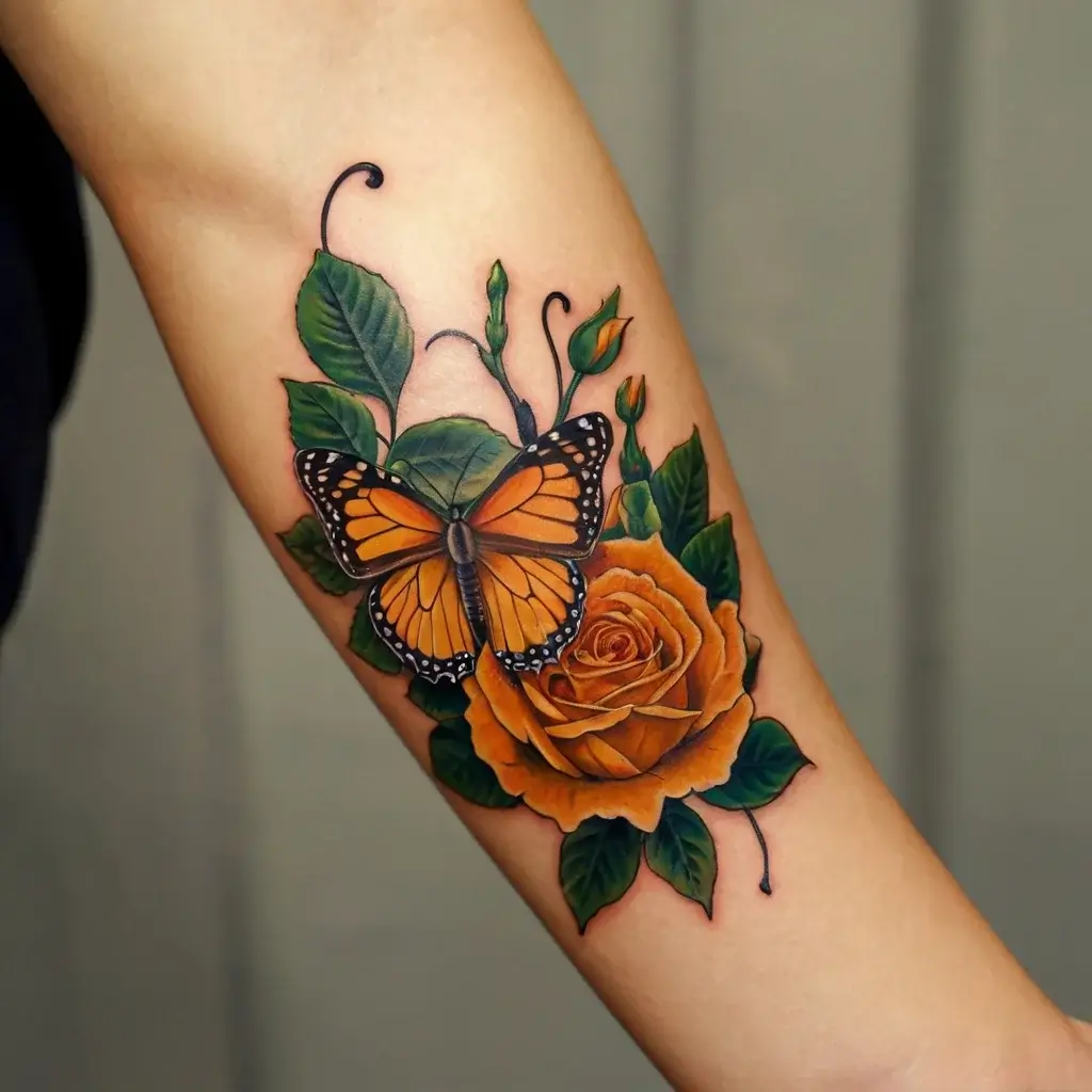 Tattoo of a vibrant orange butterfly perched on a blooming yellow rose, surrounded by lush green leaves.