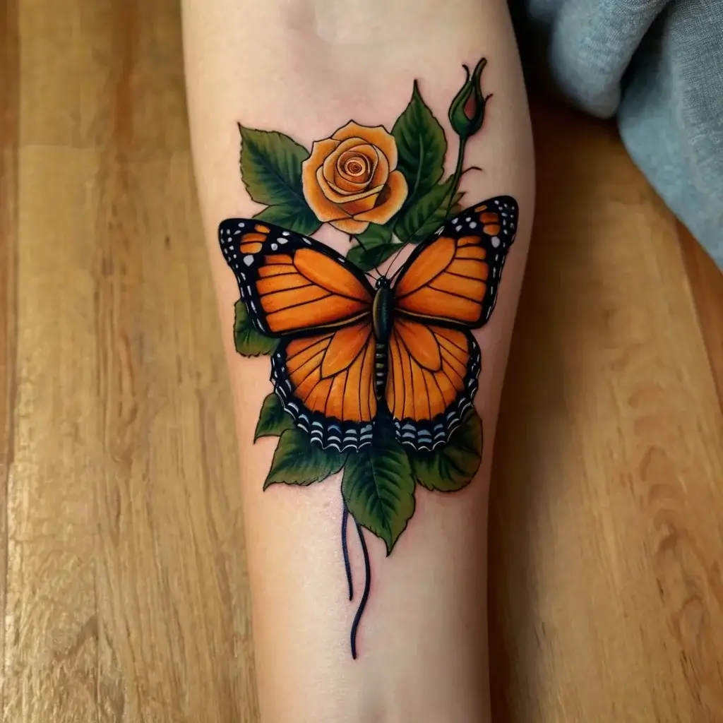 Colorful tattoo of a vibrant orange butterfly with black accents on a green leaf background, detailed with an orange rose.