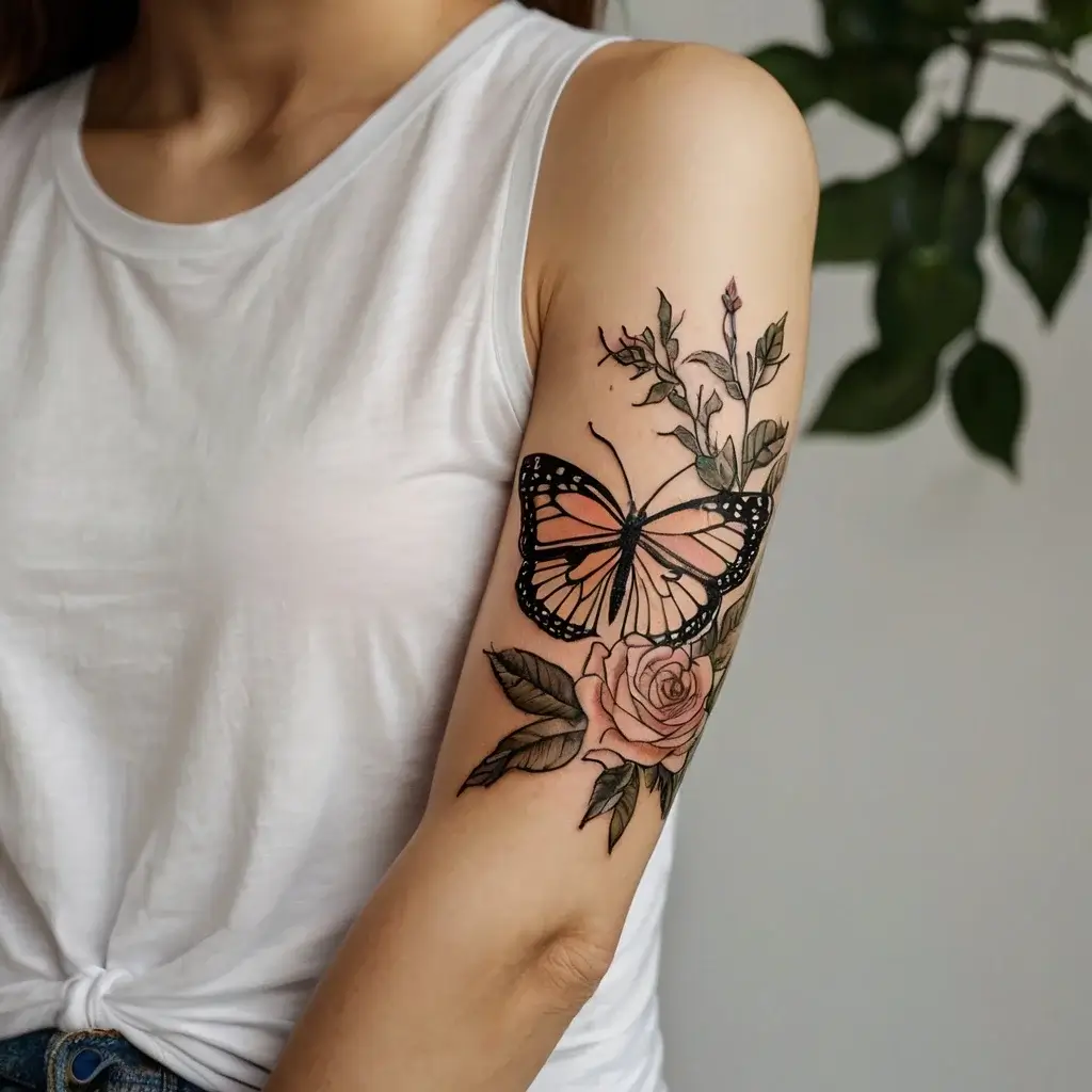 Tattoo featuring a detailed monarch butterfly perched atop a pink rose with green leaves and delicate stems.