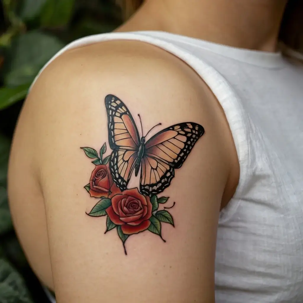 Tattoo of a detailed monarch butterfly with vibrant red roses on a shoulder, symbolizing transformation and beauty.