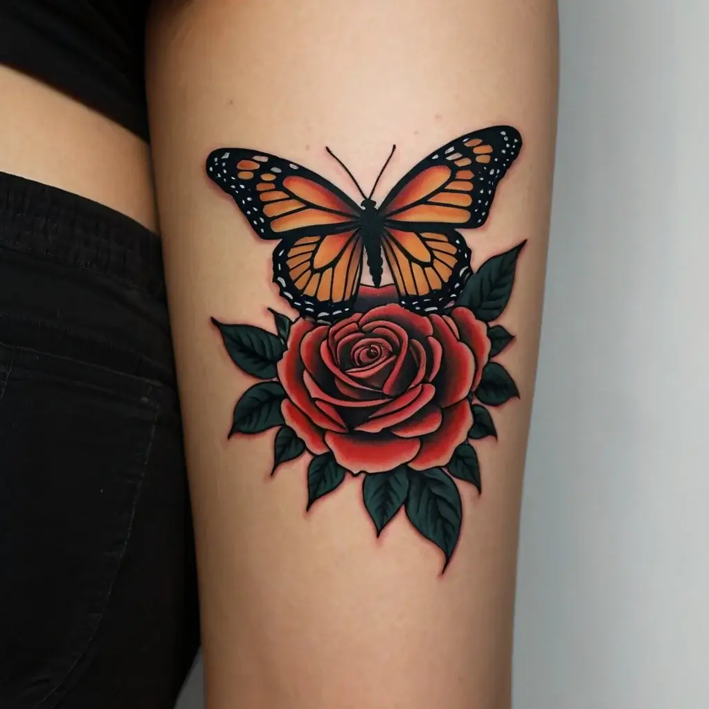 A vibrant tattoo of a monarch butterfly atop a detailed red rose with dark green leaves, blending realism and bold colors.