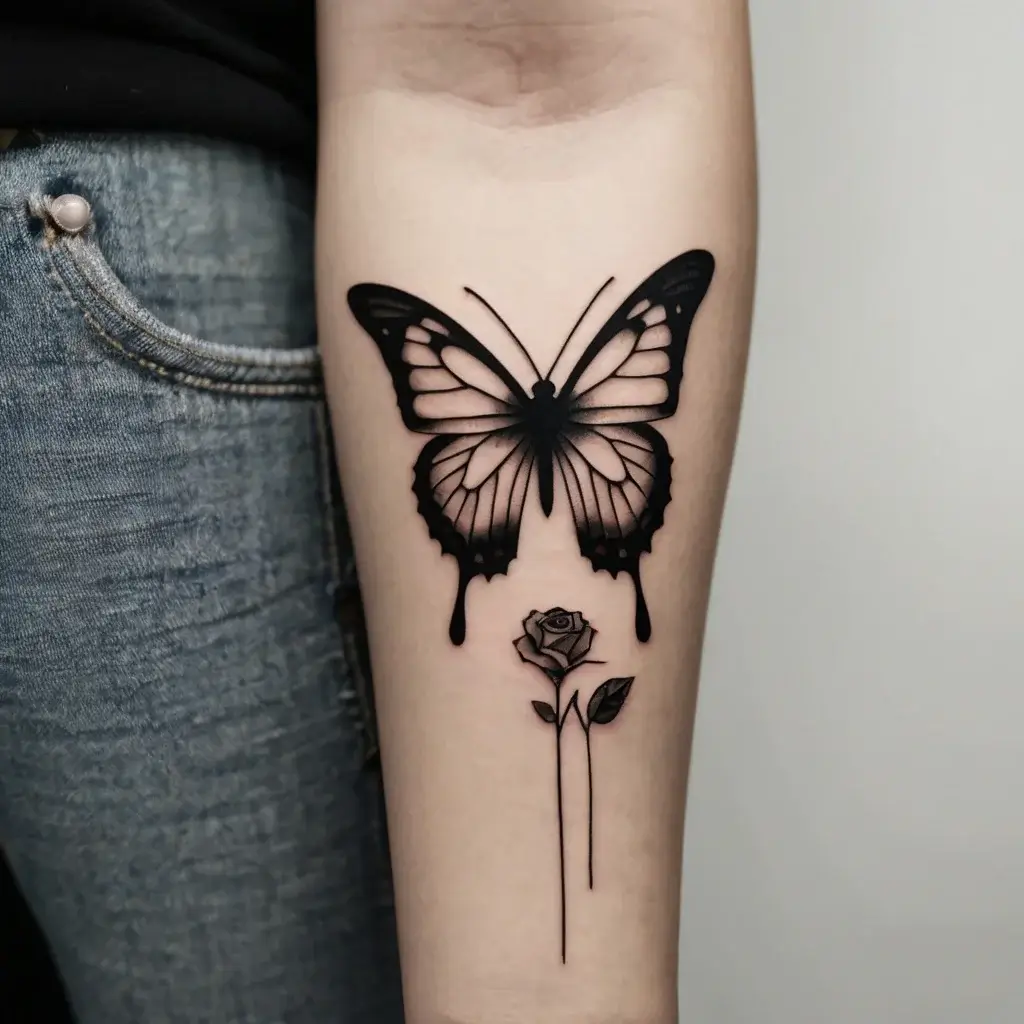 Black ink butterfly with drips, above a long-stemmed rose, symbolizing transformation and beauty on the forearm.