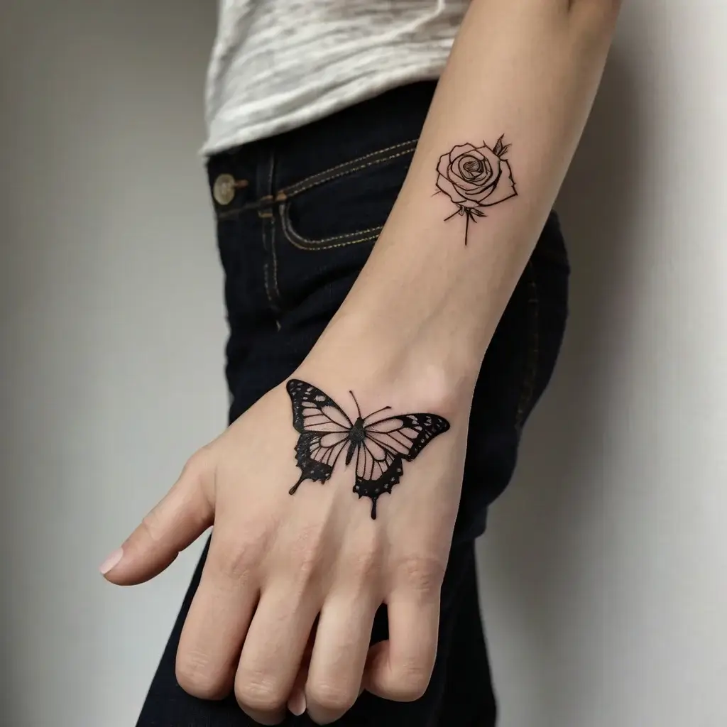 A delicate butterfly on the hand with intricate details, paired with a minimalist rose on the forearm.