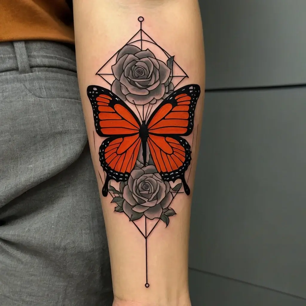 Tattoo of an orange butterfly over black and gray roses, framed by geometric lines on an arm.