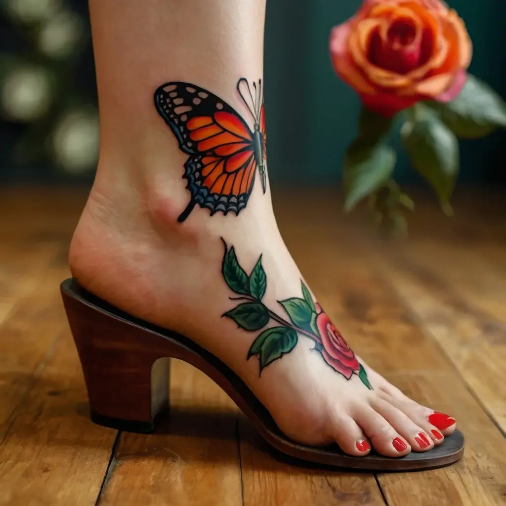 Tattoo of a vibrant orange butterfly near ankle and a red rose with green leaves on the foot, done in traditional style.