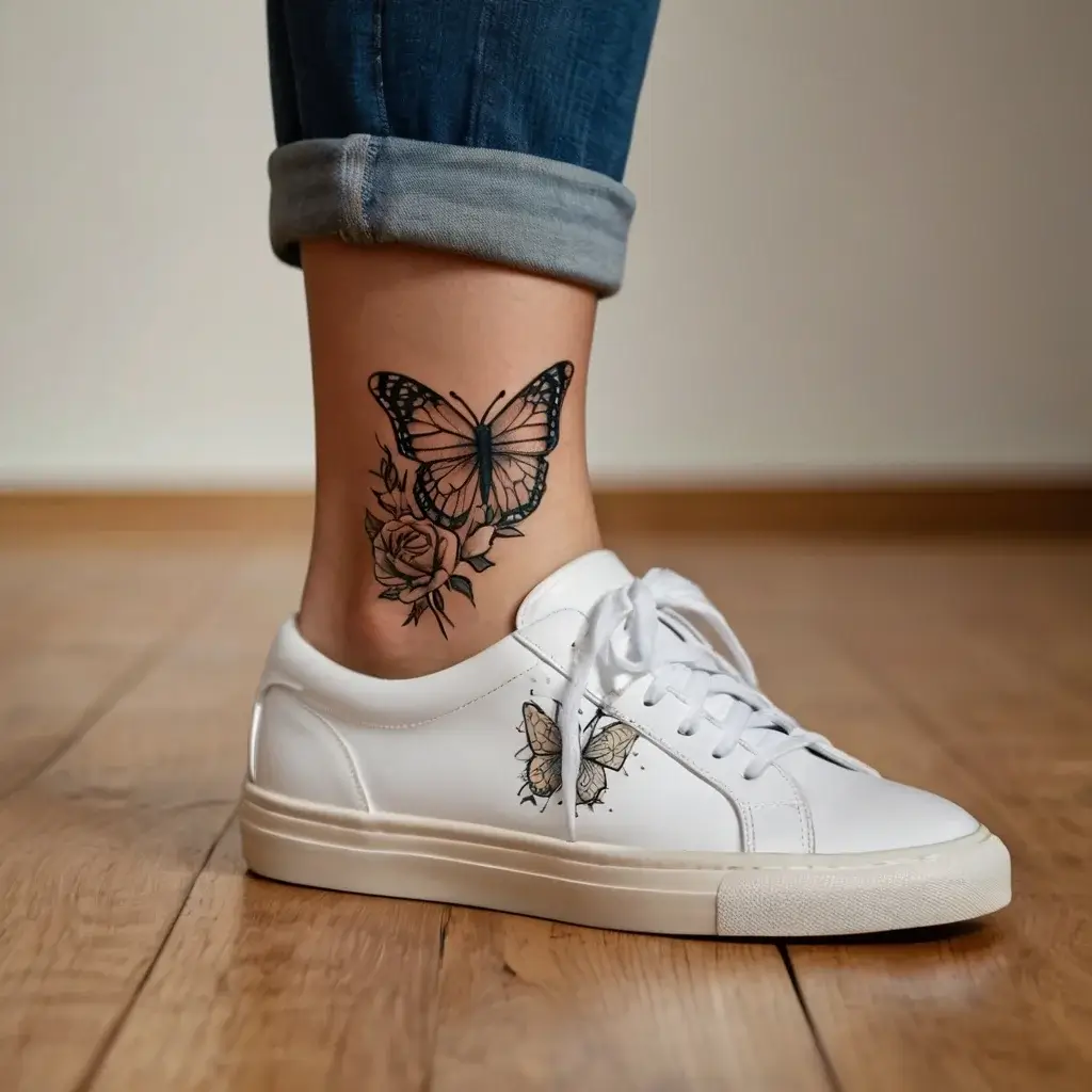 A delicate ankle tattoo of a butterfly perched on a blooming rose, symbolizing transformation and beauty.